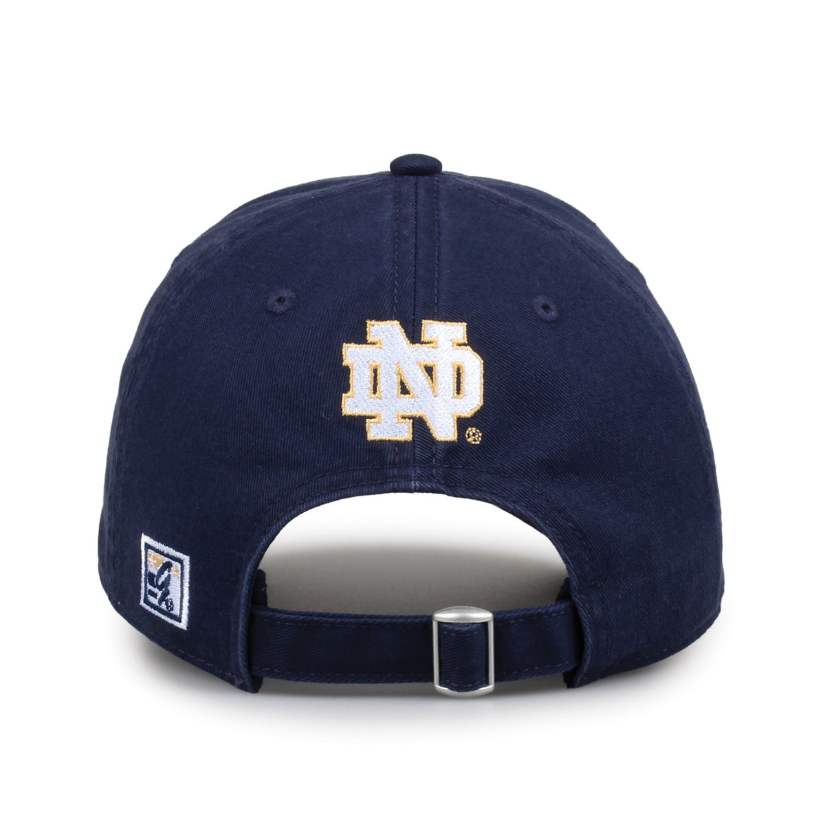 Notre Dame Fighting Irish Dad Cap, navy, straight rear view showing ND embroidery and adjustable buckle strap.