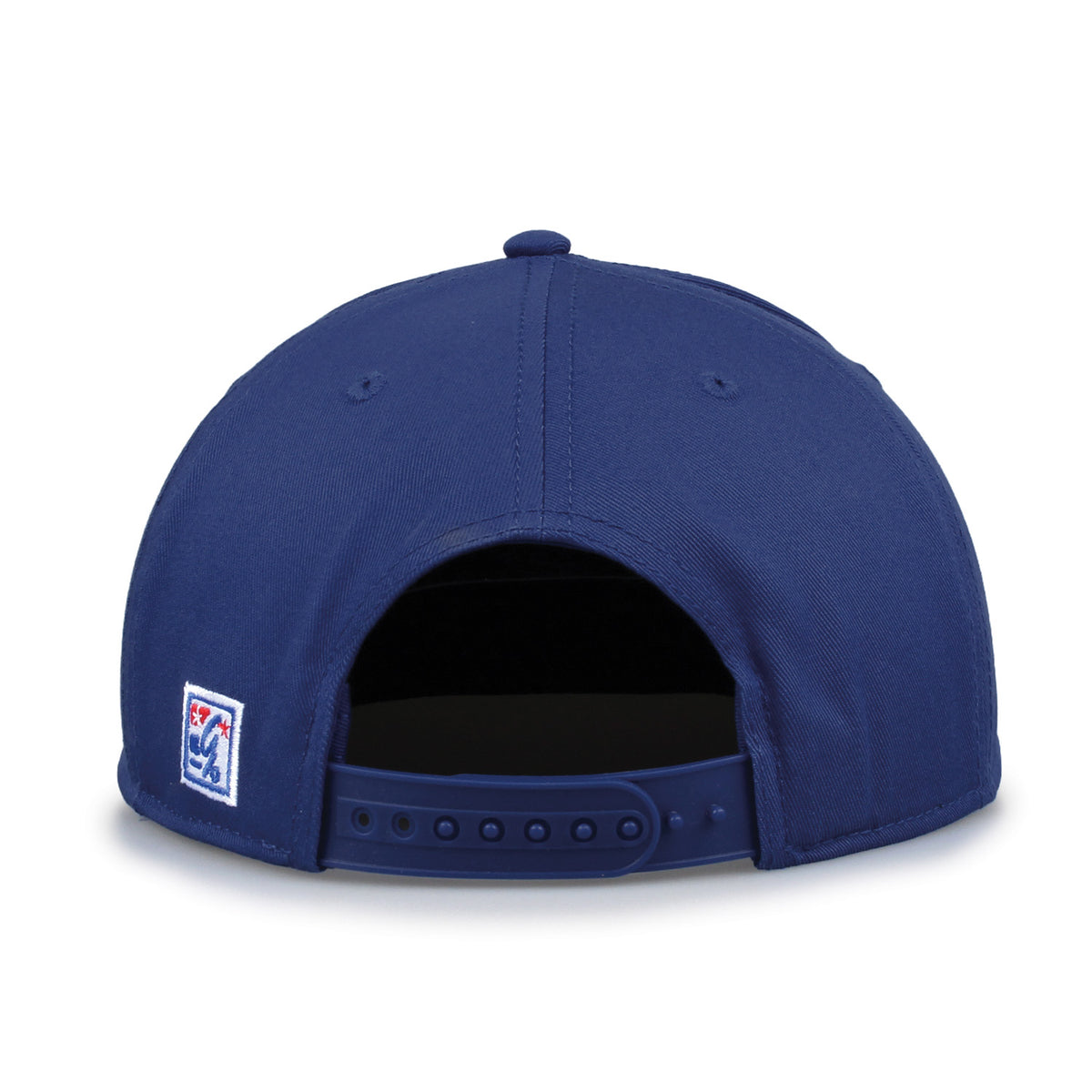 Duke Retro Circle snapback hat in royal blue, straight rear view showing the adjustable snap closure