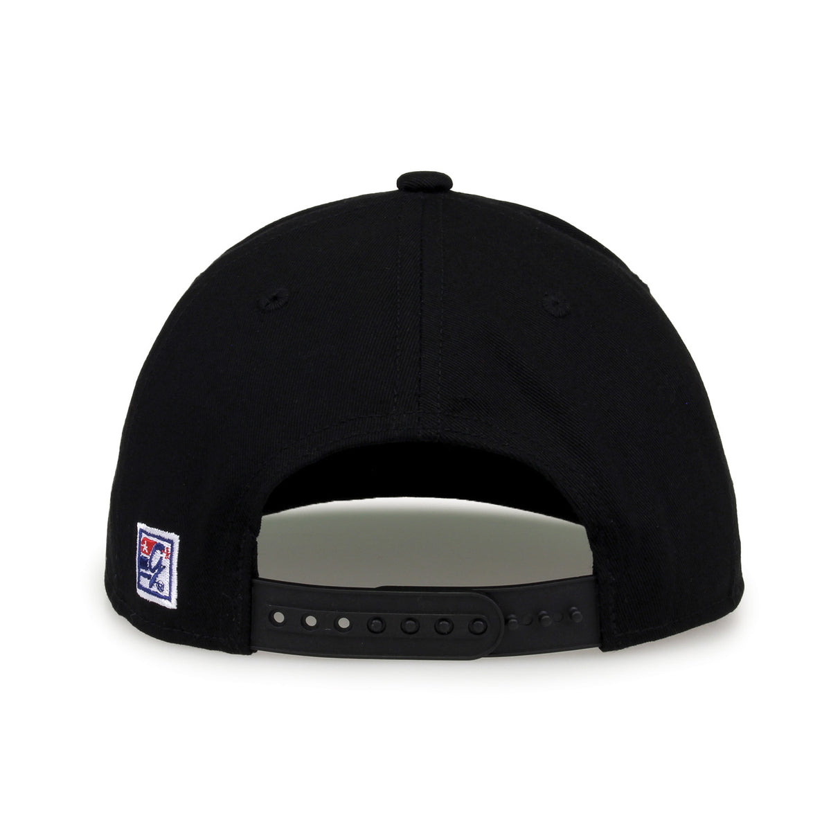 Vanderbilt Retro Bar snapback hat in black, straight rear view showing the adjustable snap closure