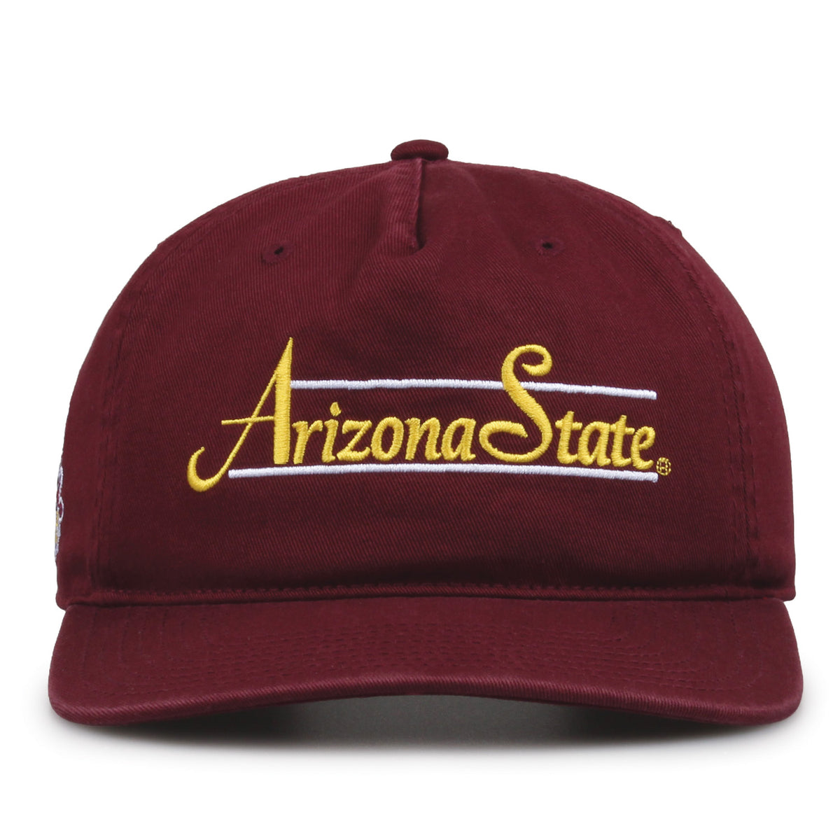 Arizona State Sun Devils Original Heritage Bar Snapback in maroon, front view of embroidered school script and bar design