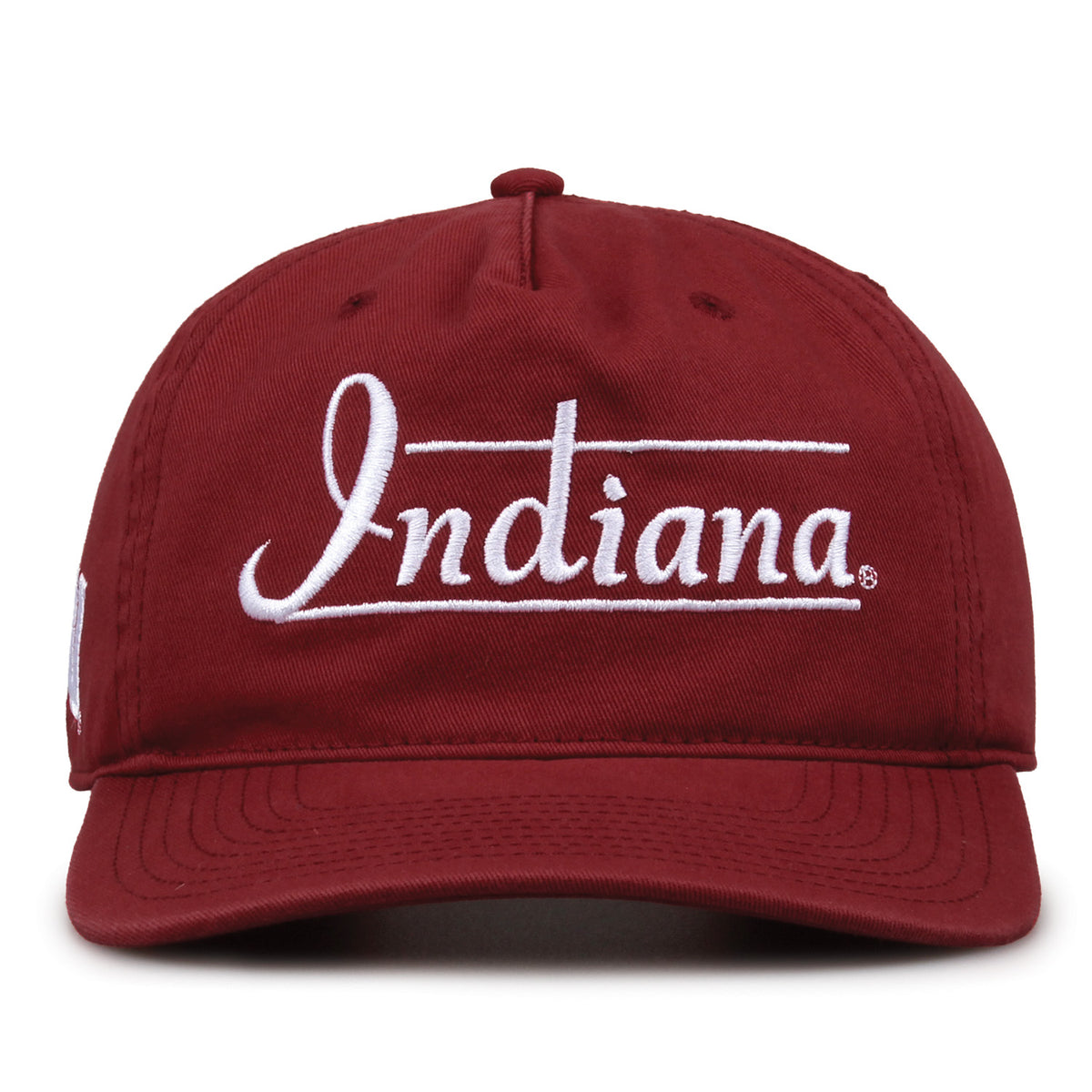 Indiana Hoosiers Original Heritage Bar Snapback in vintage red, front view of embroidered school script and bar design