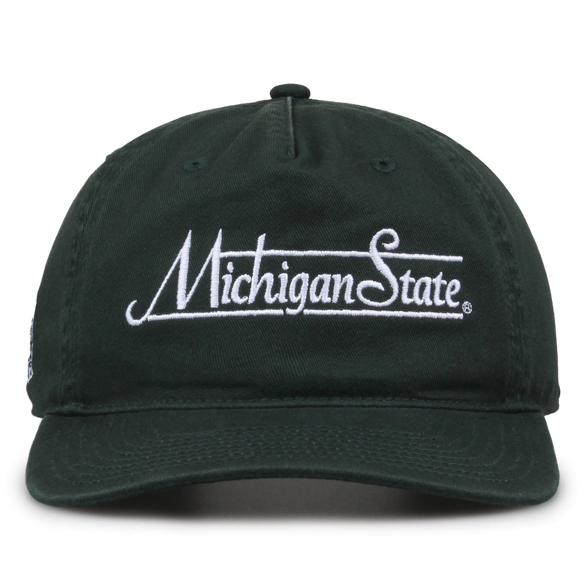 Michigan State Spartans Original Heritage Bar Snapback in dark green, front view of embroidered school script and bar design