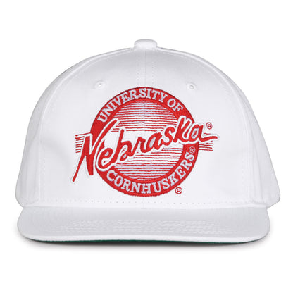 Nebraska Retro Circle snapback hat in white, front view