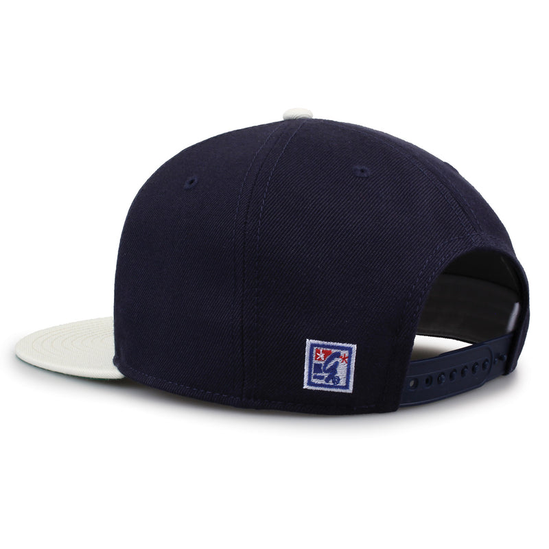 Auburn Tigers '87 Topp Snapback hat, angled rear view showing navy panels, white brim and adjustable snap closure