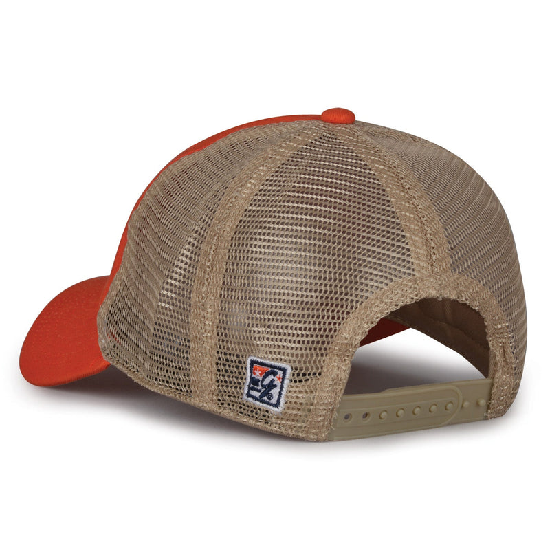 Auburn University Split Bar Trucker hat in orange and khaki, angled rear view of mesh panels and adjustable snap closure