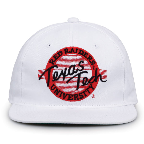 Texas Tech Retro Circle snapback hat in white, front view