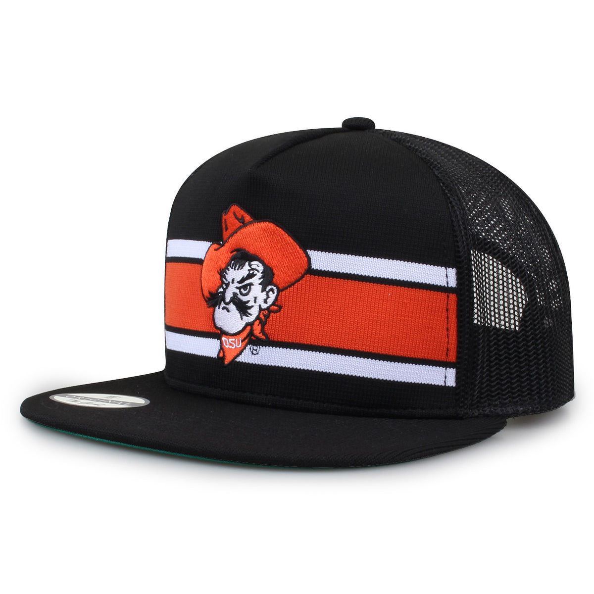 Oklahoma State University Class of '92 trucker hat, angled front view showing embroidered logo and mesh side