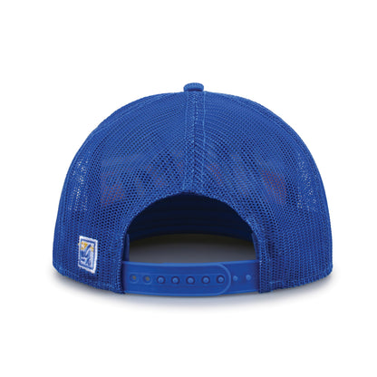 UCLA Class of '92 trucker hat, rear view of mesh back and adjustable snapback closure