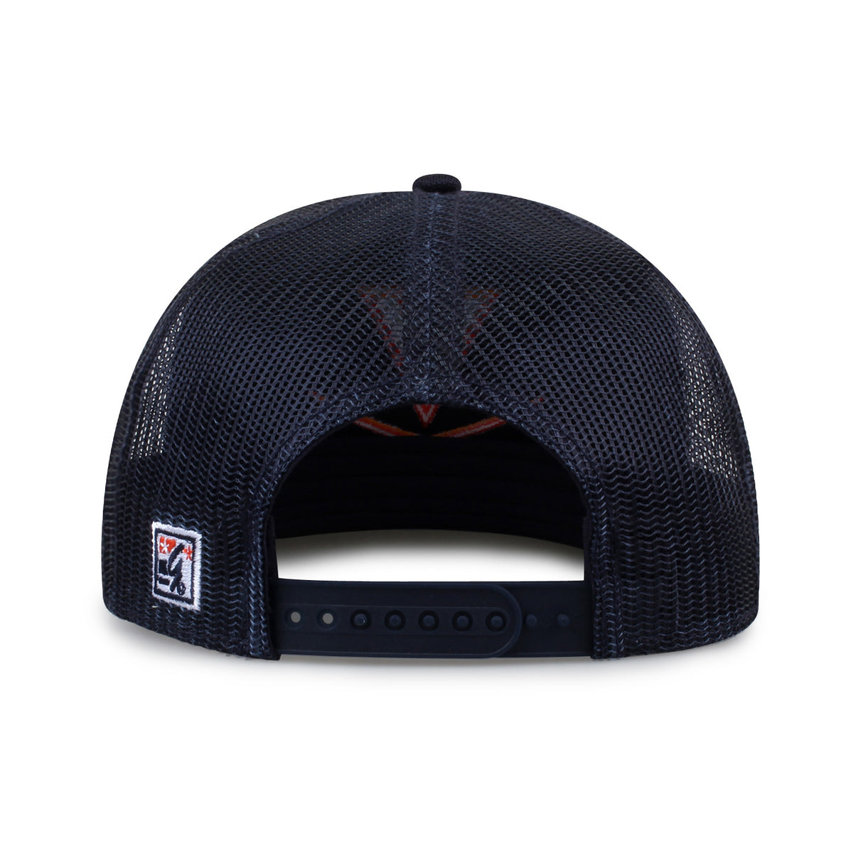 University of Virginia Class of '92 trucker hat, rear view of mesh back and adjustable snapback closure