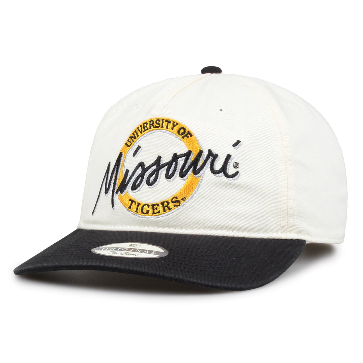Missouri Original Circle snapback hat showing embroidered front design and curved brim, angled view