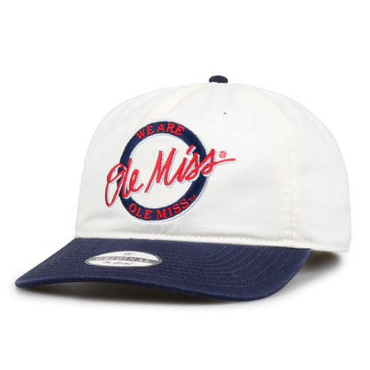 Ole Miss Original Circle snapback hat showing embroidered front design and curved brim, angled view