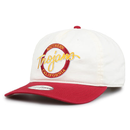 Southern California Original Circle snapback hat showing embroidered front design and curved brim, angled view