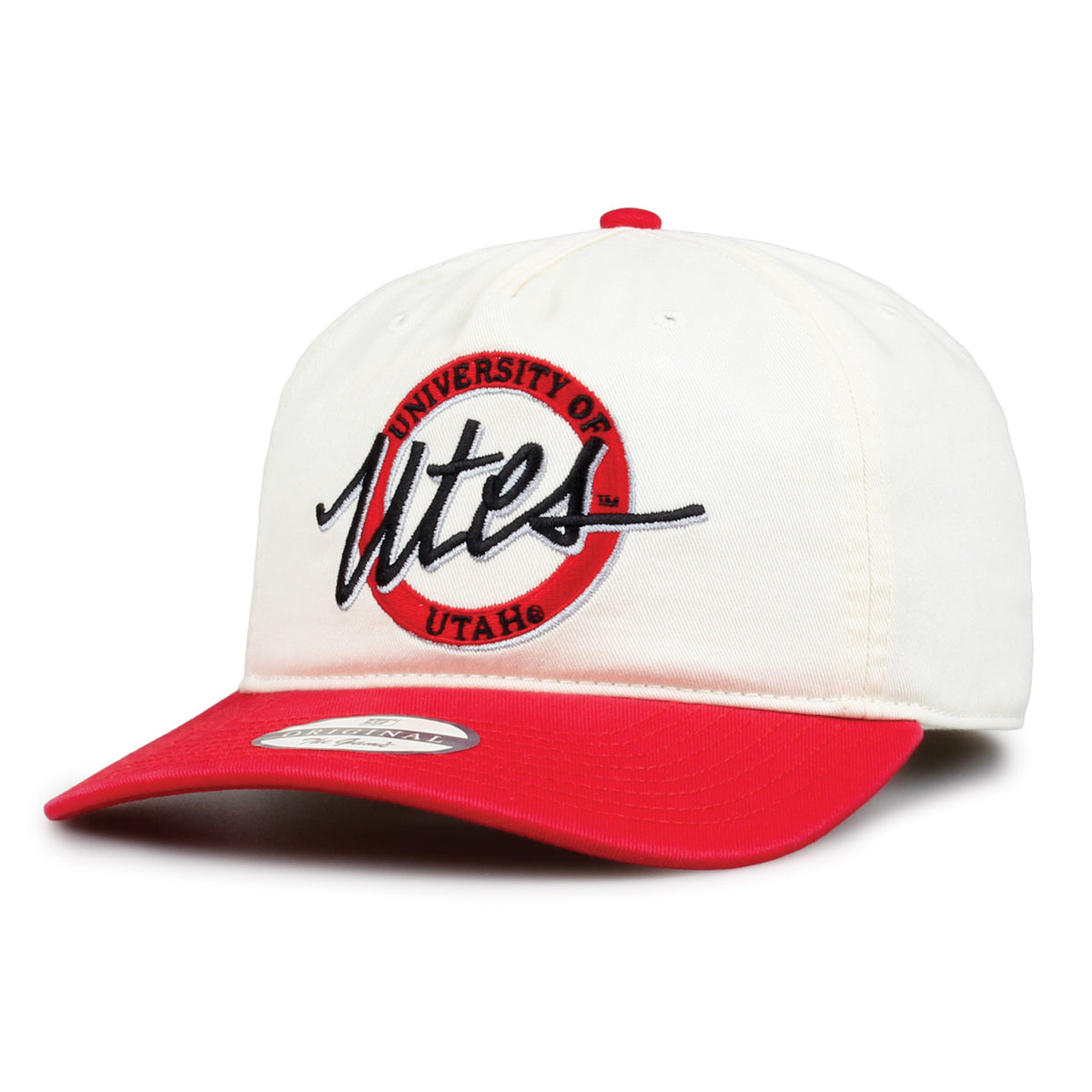 Utah Original Circle snapback hat showing embroidered front design and curved brim, angled view
