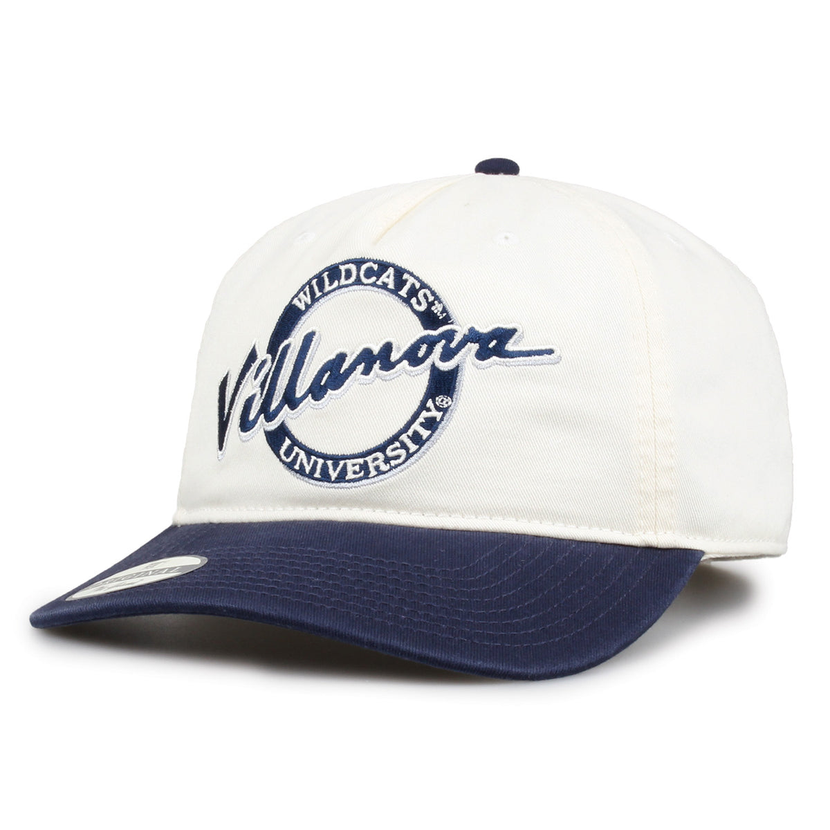 Villanova Original Circle snapback hat showing embroidered front design and curved brim, angled view