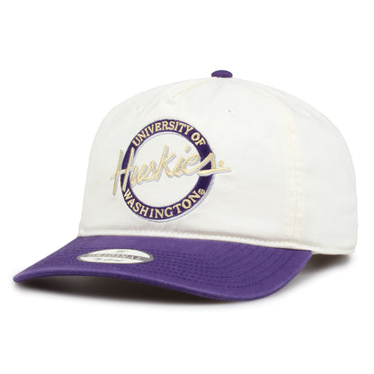 Washington Original Circle snapback hat showing embroidered front design and curved brim, angled view