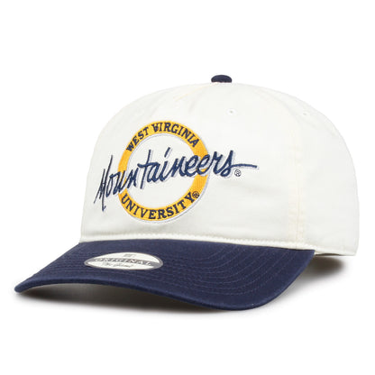West Virginia Original Circle snapback hat showing embroidered front design and curved brim, angled view