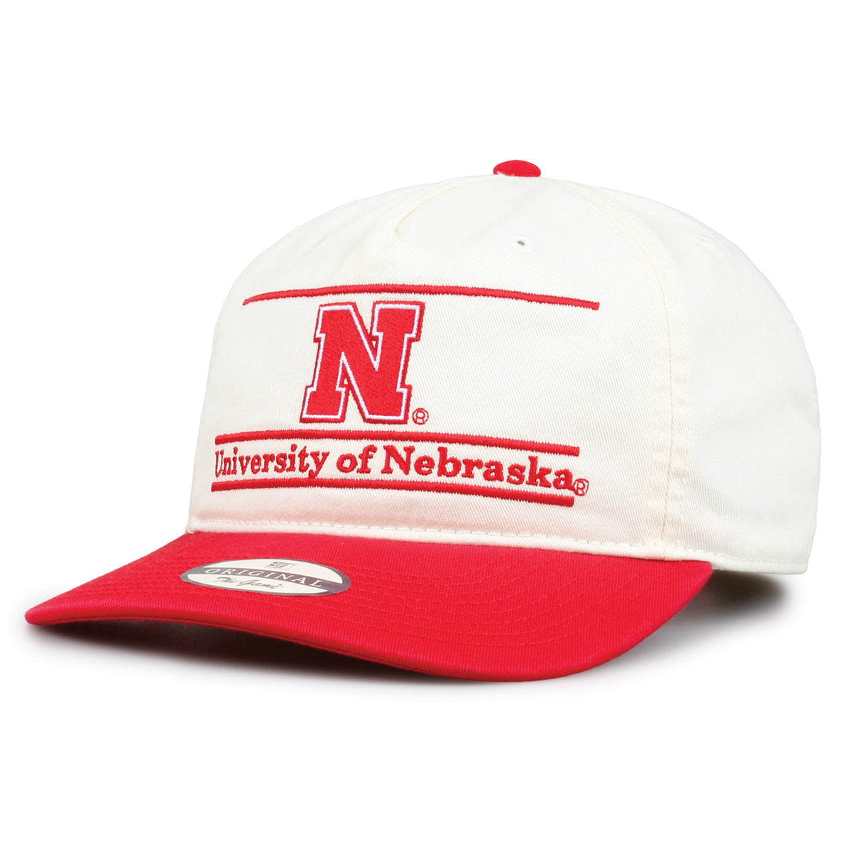 Nebraska Original Bar snapback hat showing embroidered front design and curved brim, angled view