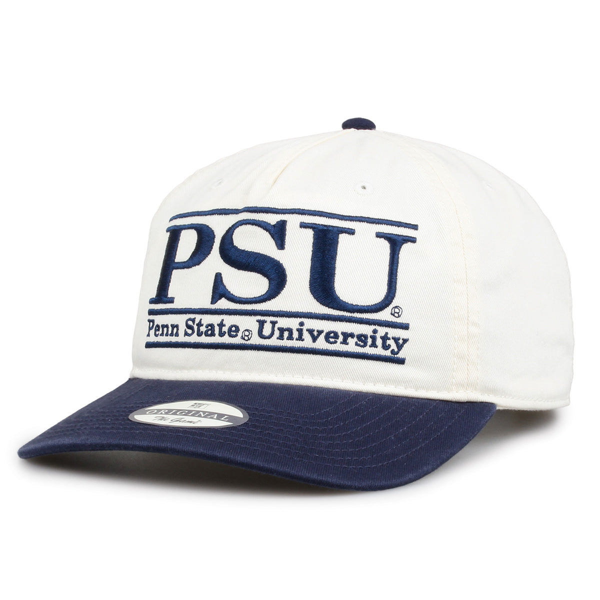 Penn State Original Bar snapback hat showing embroidered front design and curved brim, angled view