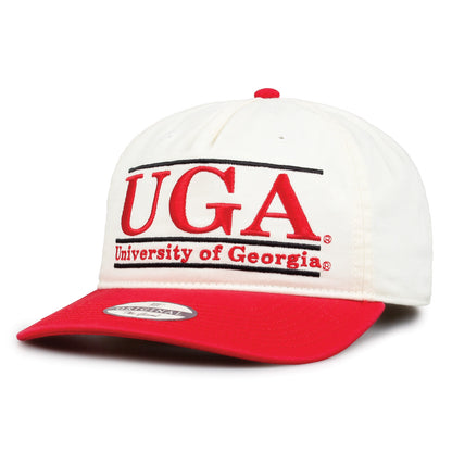 Georgia Original Bar snapback hat showing embroidered front design and curved brim, angled view