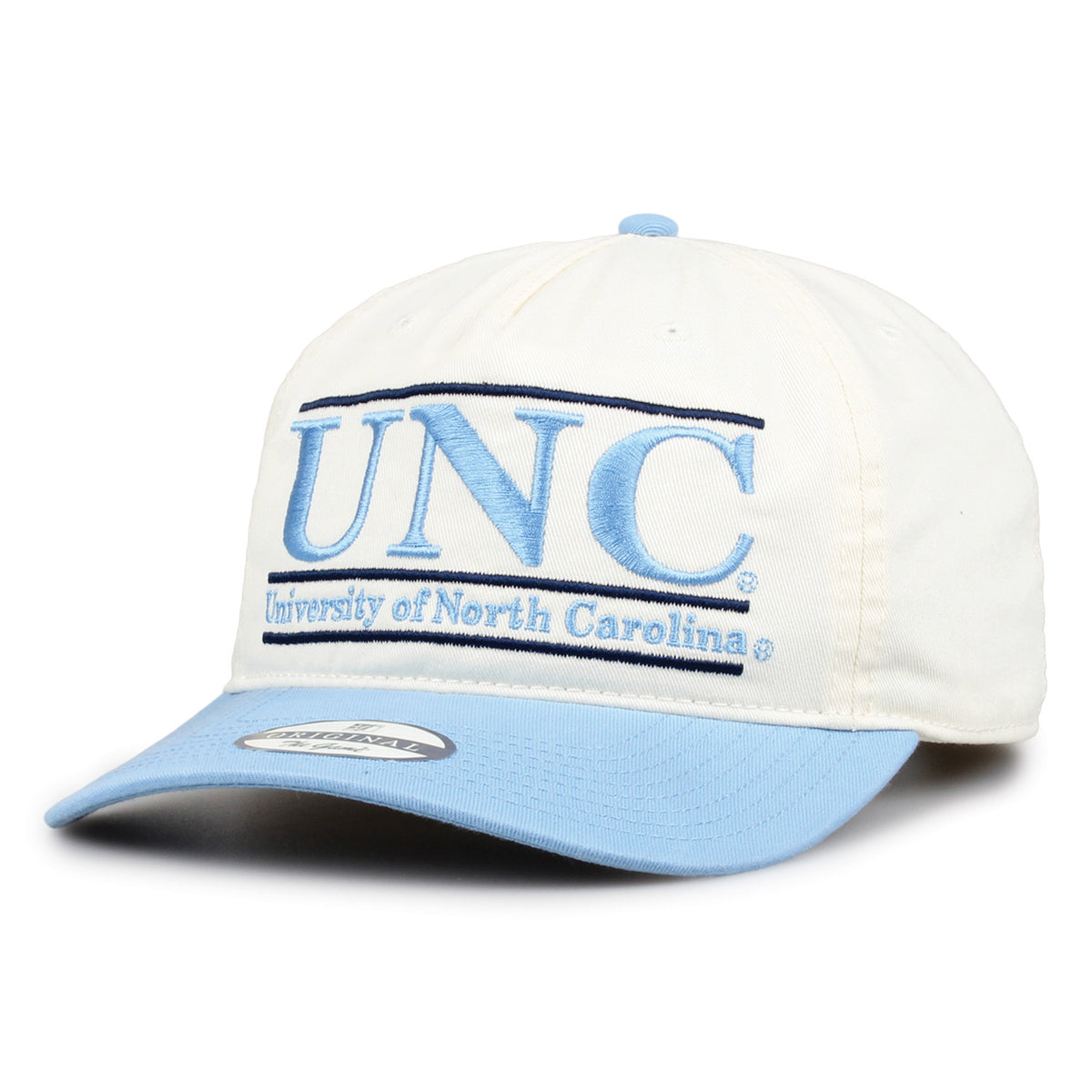 North Carolina Original Bar snapback hat showing embroidered front design and curved brim, angled view