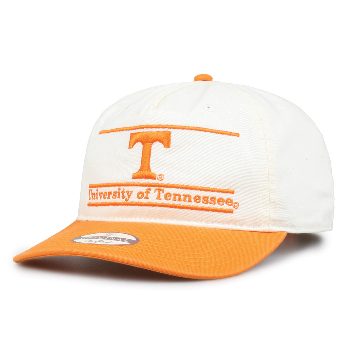 Tennessee Original Bar snapback hat showing embroidered front design and curved brim, angled view