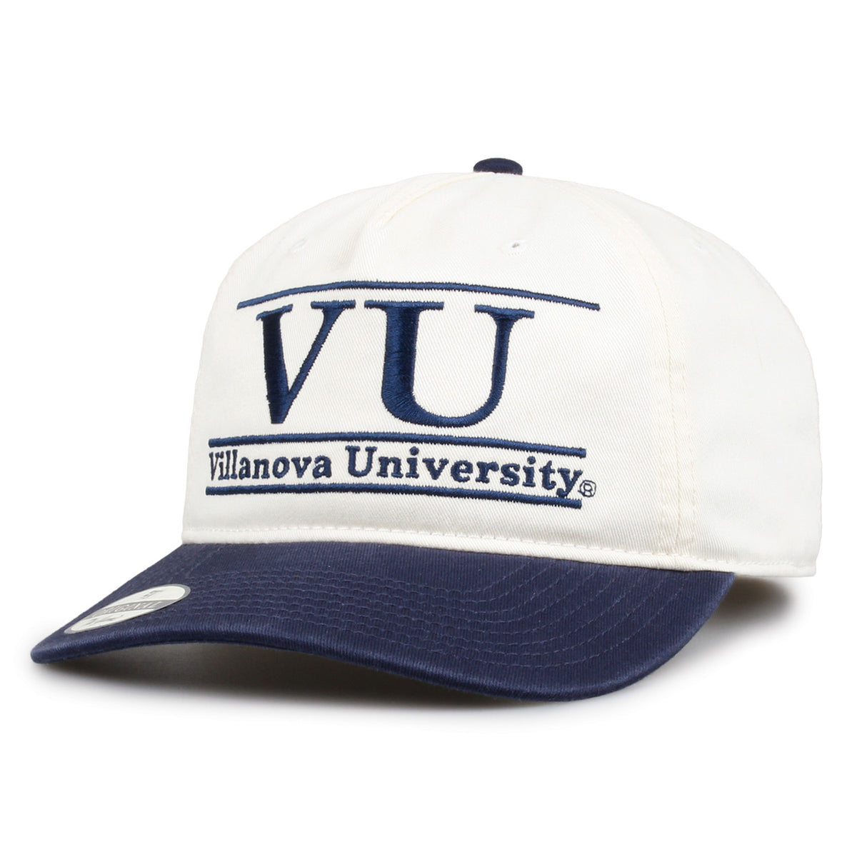 Villanova Original Bar snapback hat showing embroidered front design and curved brim, angled view