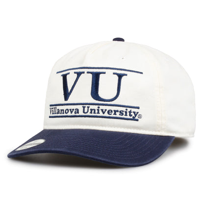 Villanova Original Bar snapback hat showing embroidered front design and curved brim, angled view