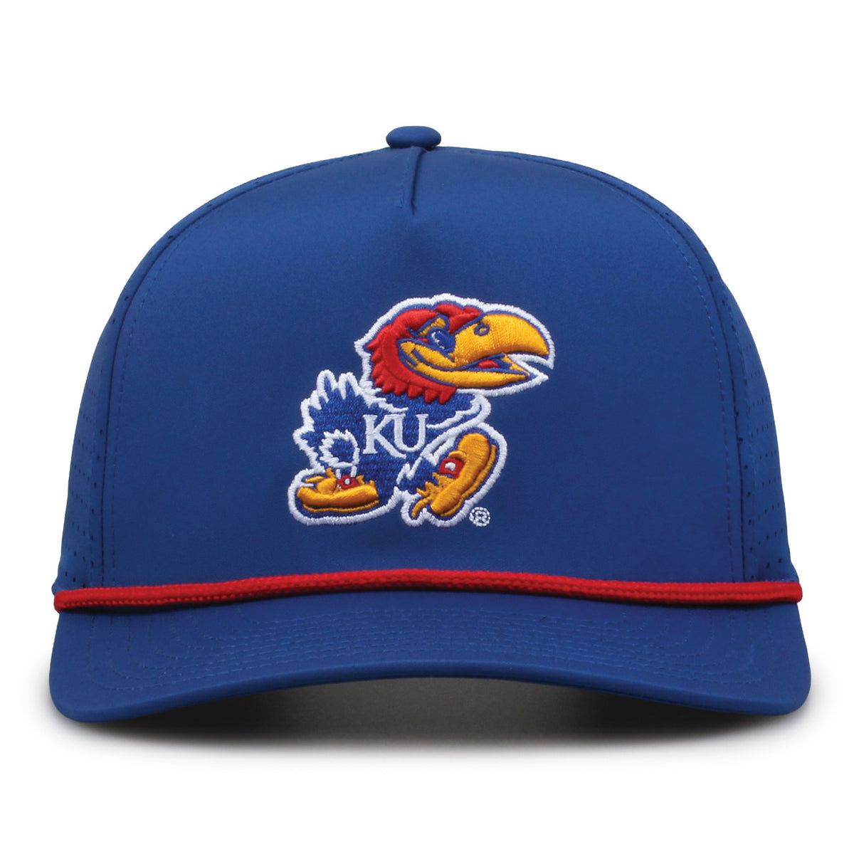 Kansas Jayhawks Performance Mesh Snapback hat in royal blue with red rope accent, front view
