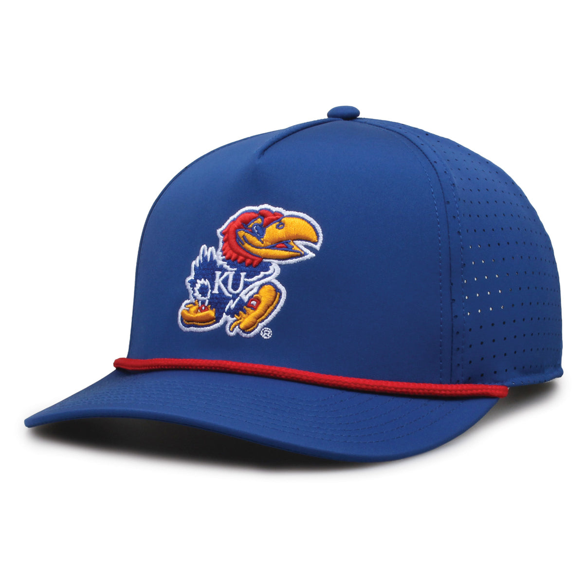 Kansas Jayhawks Performance Mesh Snapback hat in royal blue with red rope accent, angled front view