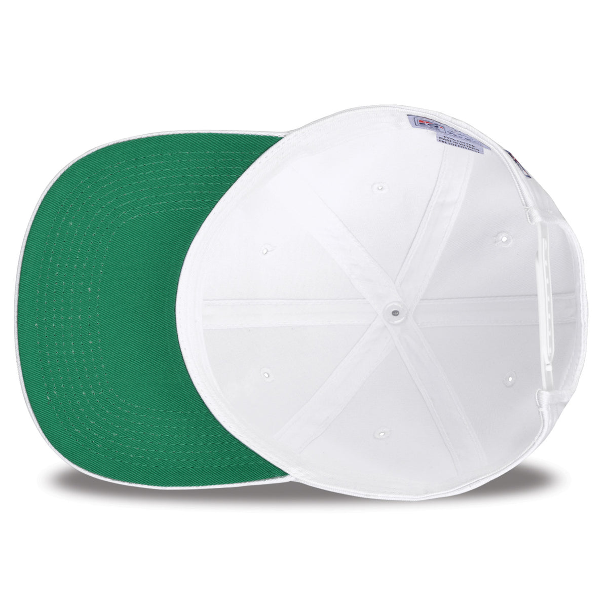 Arkansas Retro Circle snapback hat in white, interior view showing the green undervisor