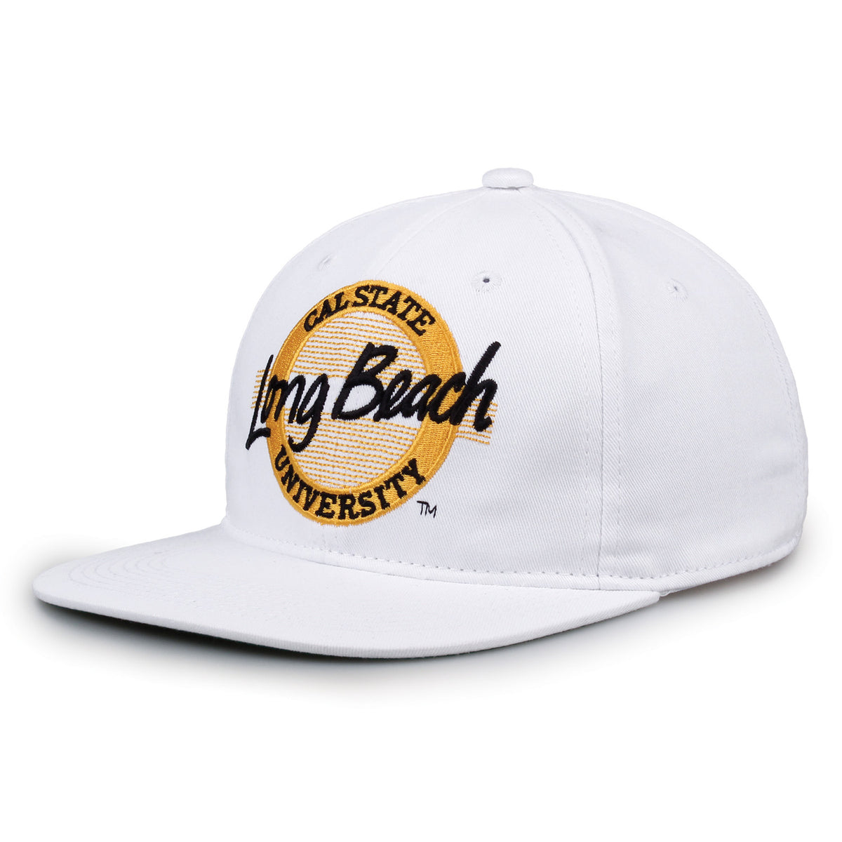 Long Beach Retro Circle snapback hat in white, angled view