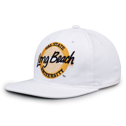 Long Beach Retro Circle snapback hat in white, angled view