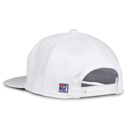 UConn Retro Circle snapback hat in white, rear view showing the adjustable snap closure