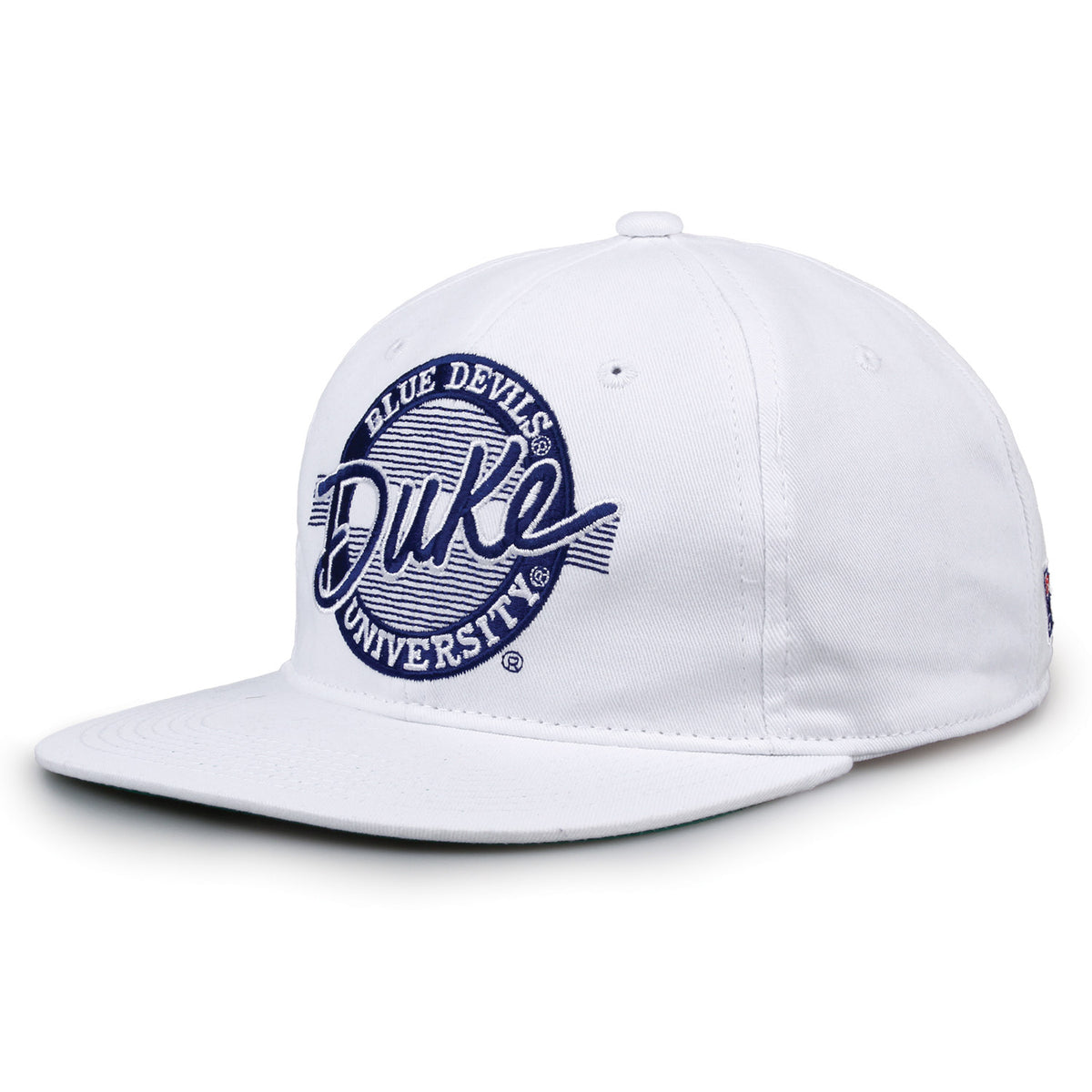 Duke Retro Circle snapback hat in white, angled view