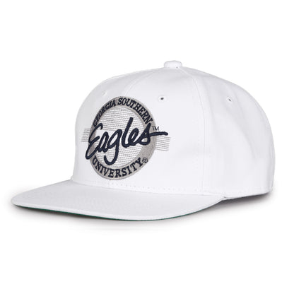 Georgia Southern Retro Circle snapback hat in white, angled view