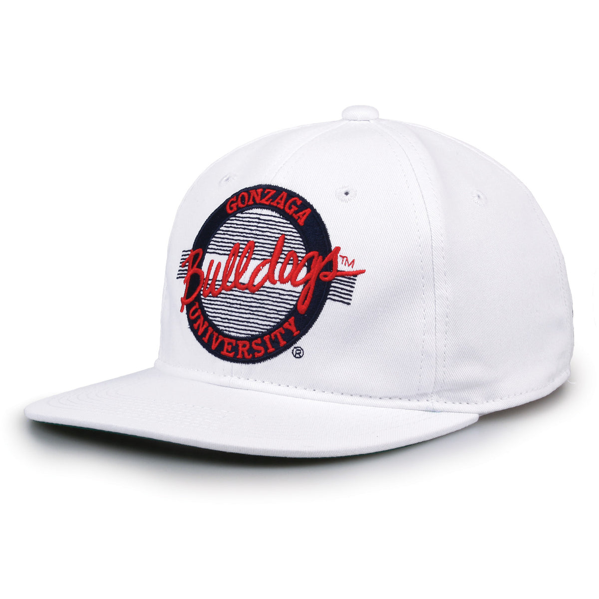 Gonzaga Retro Circle snapback hat in white, angled view