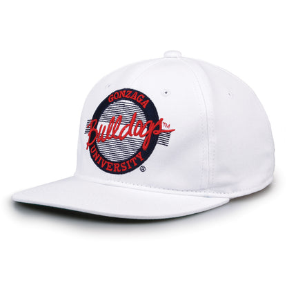 Gonzaga Retro Circle snapback hat in white, angled view