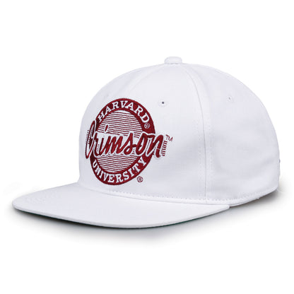 Harvard Retro Circle snapback hat in white, angled view