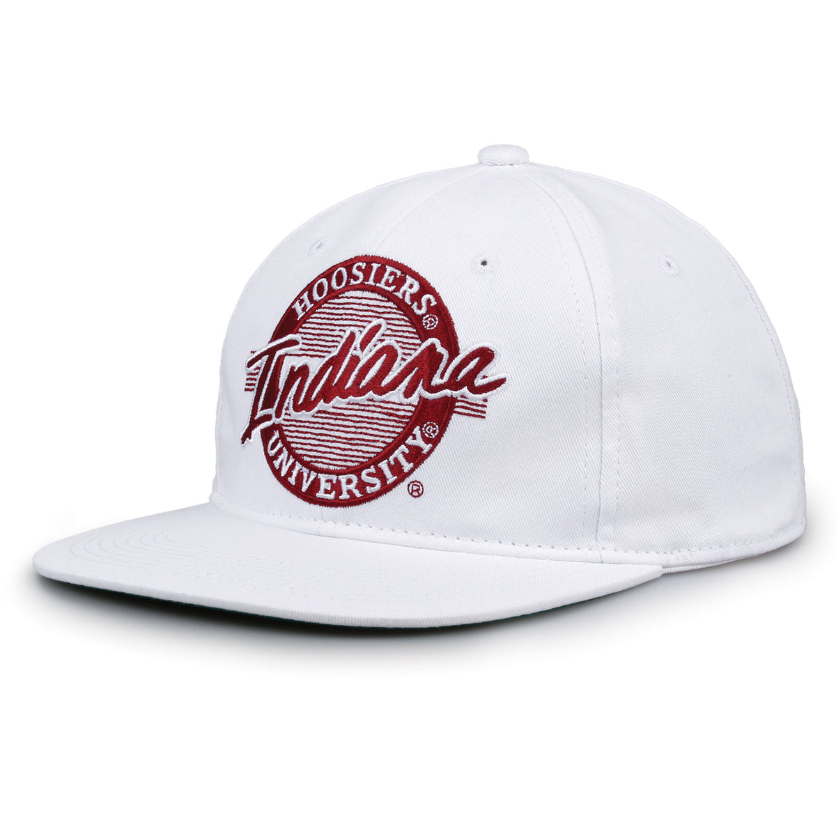 Indiana Retro Circle snapback hat in white, angled view