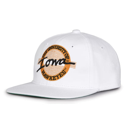 Iowa Retro Circle snapback hat in white, angled view