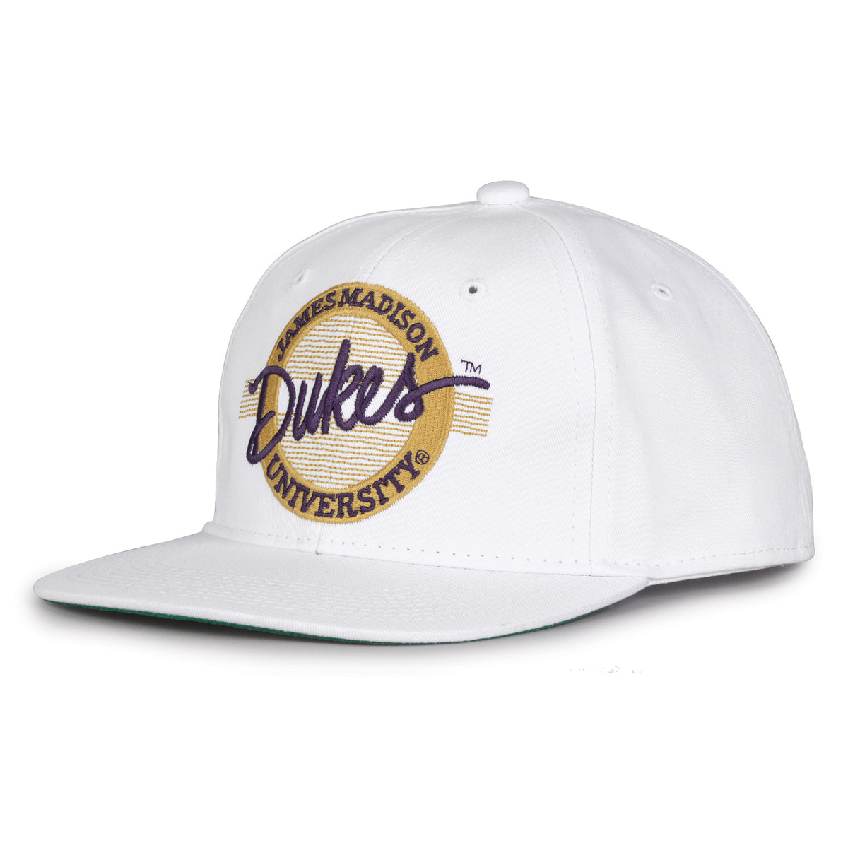 James Madison Retro Circle snapback hat in white, angled view