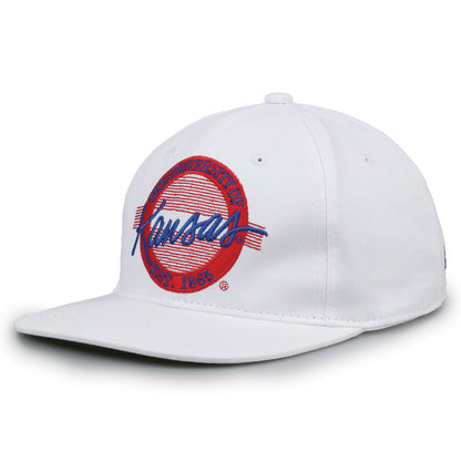 Kansas Retro Circle snapback hat in white, angled view