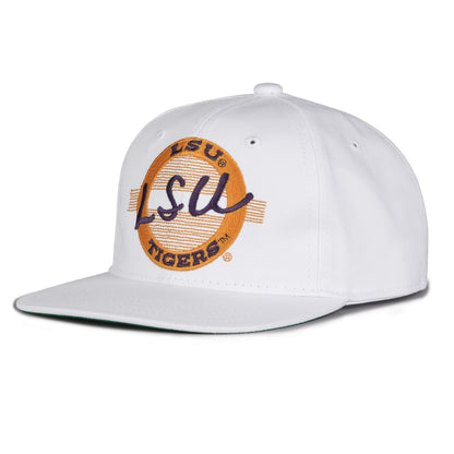 LSU Retro Circle snapback hat in white, angled view