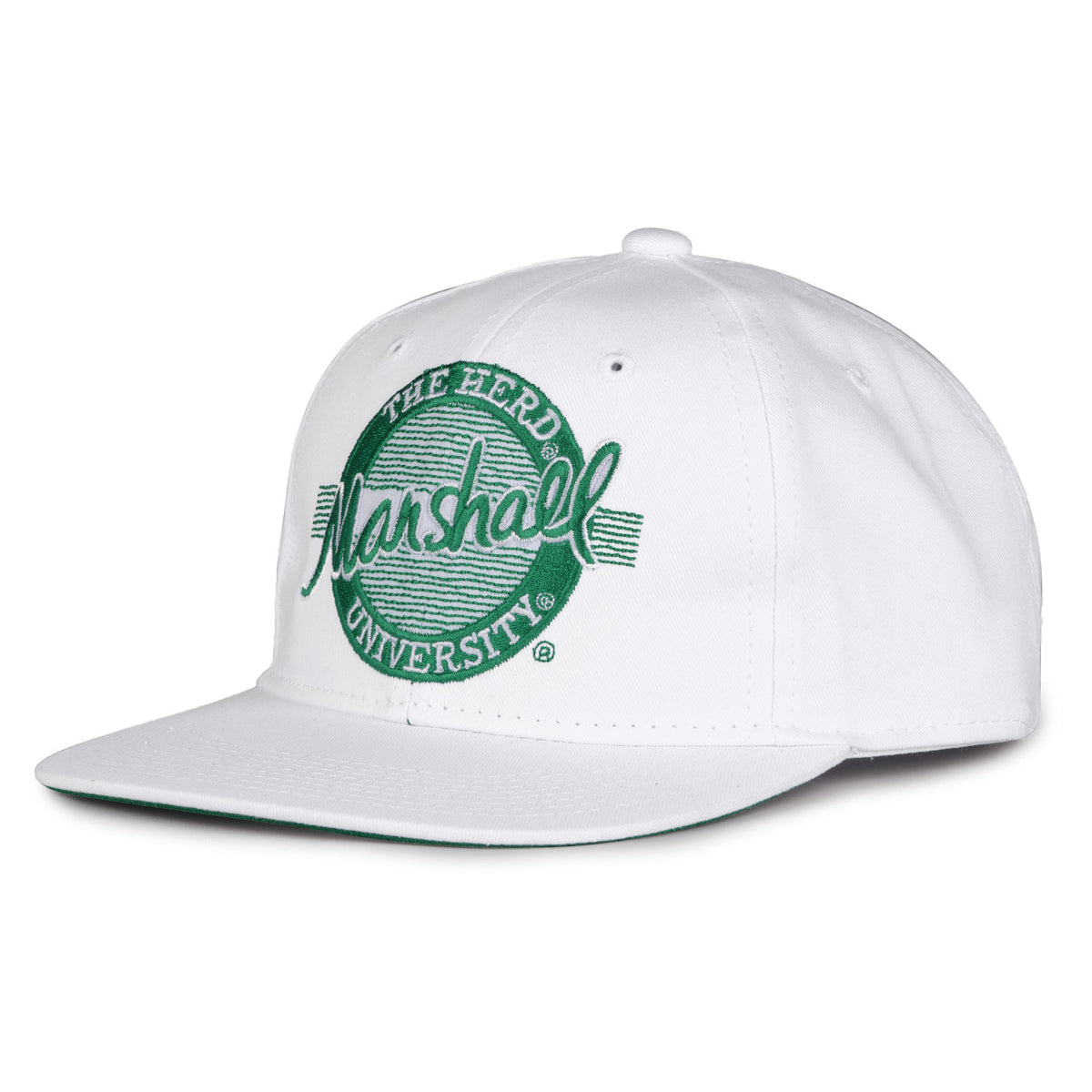 Marshall Retro Circle snapback hat in white, angled view