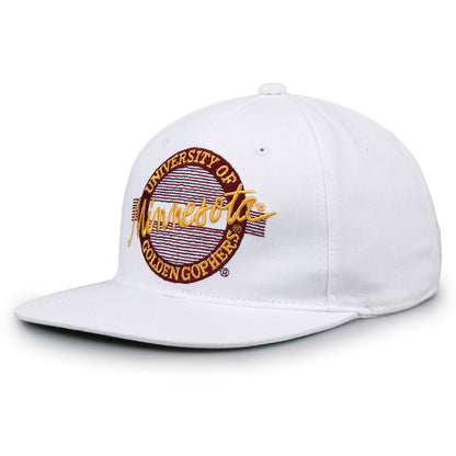 Minnesota Retro Circle snapback hat in white, angled view