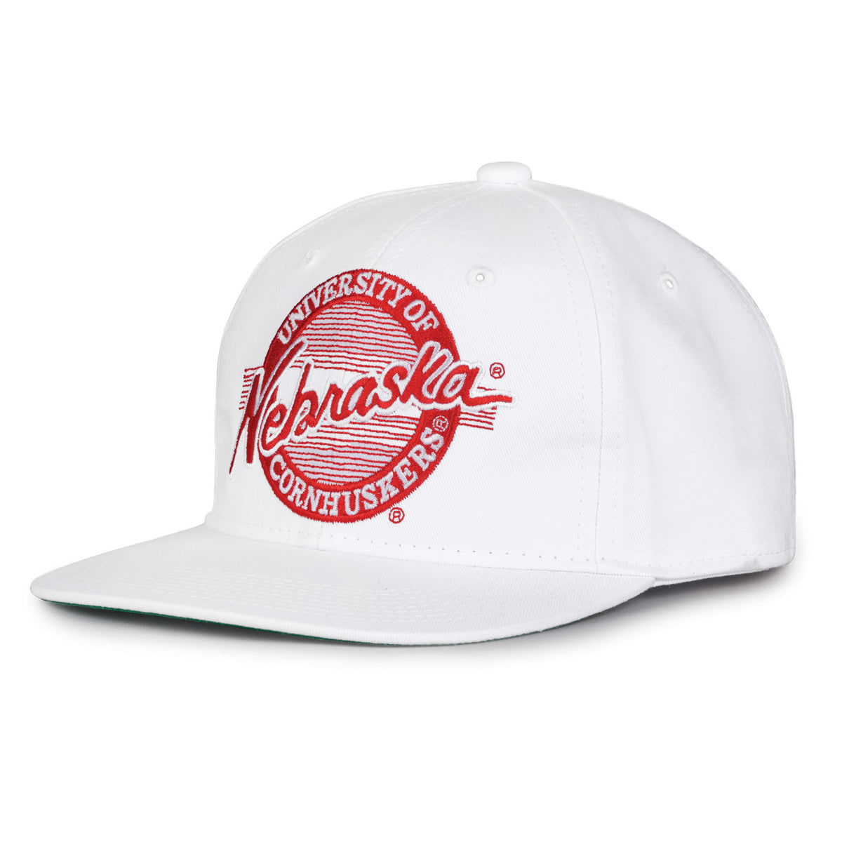 Nebraska Retro Circle snapback hat in white, angled view