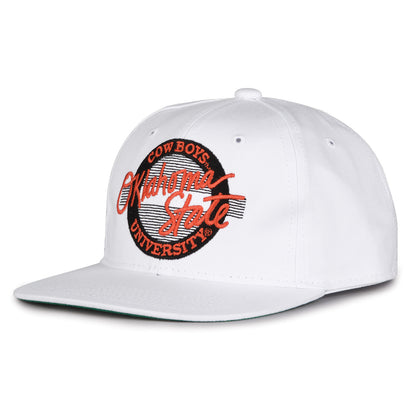 Oklahoma State Retro Circle snapback hat in white, angled view
