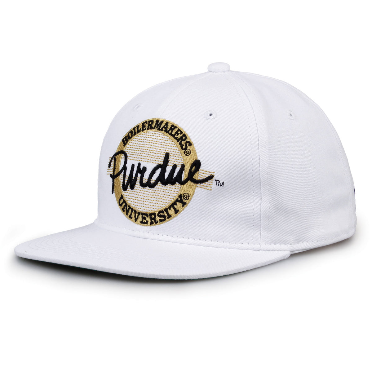 Purdue Retro Circle snapback hat in white, angled view