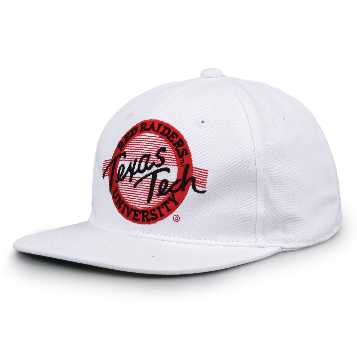 Texas Tech Retro Circle snapback hat in white, angled view
