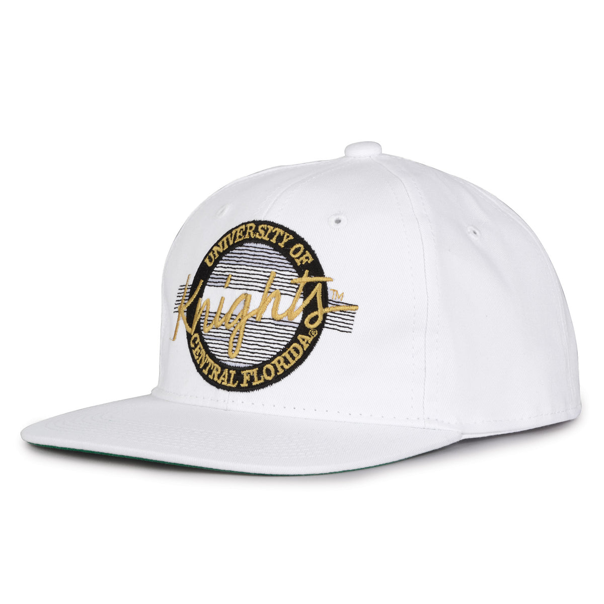 UCF Retro Circle snapback hat in white, angled view